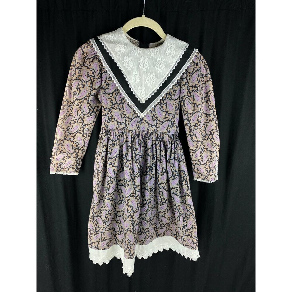 60s Bib Floral Prairie Peasant Western Lace Trim Kids Dress Size 6-9 Boho - Picture 1 of 8